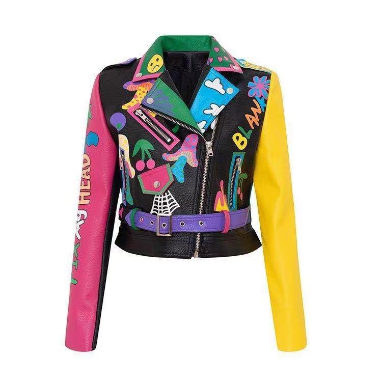 Women's Faux Leather Graffiti Short Jacket with Waist Belt